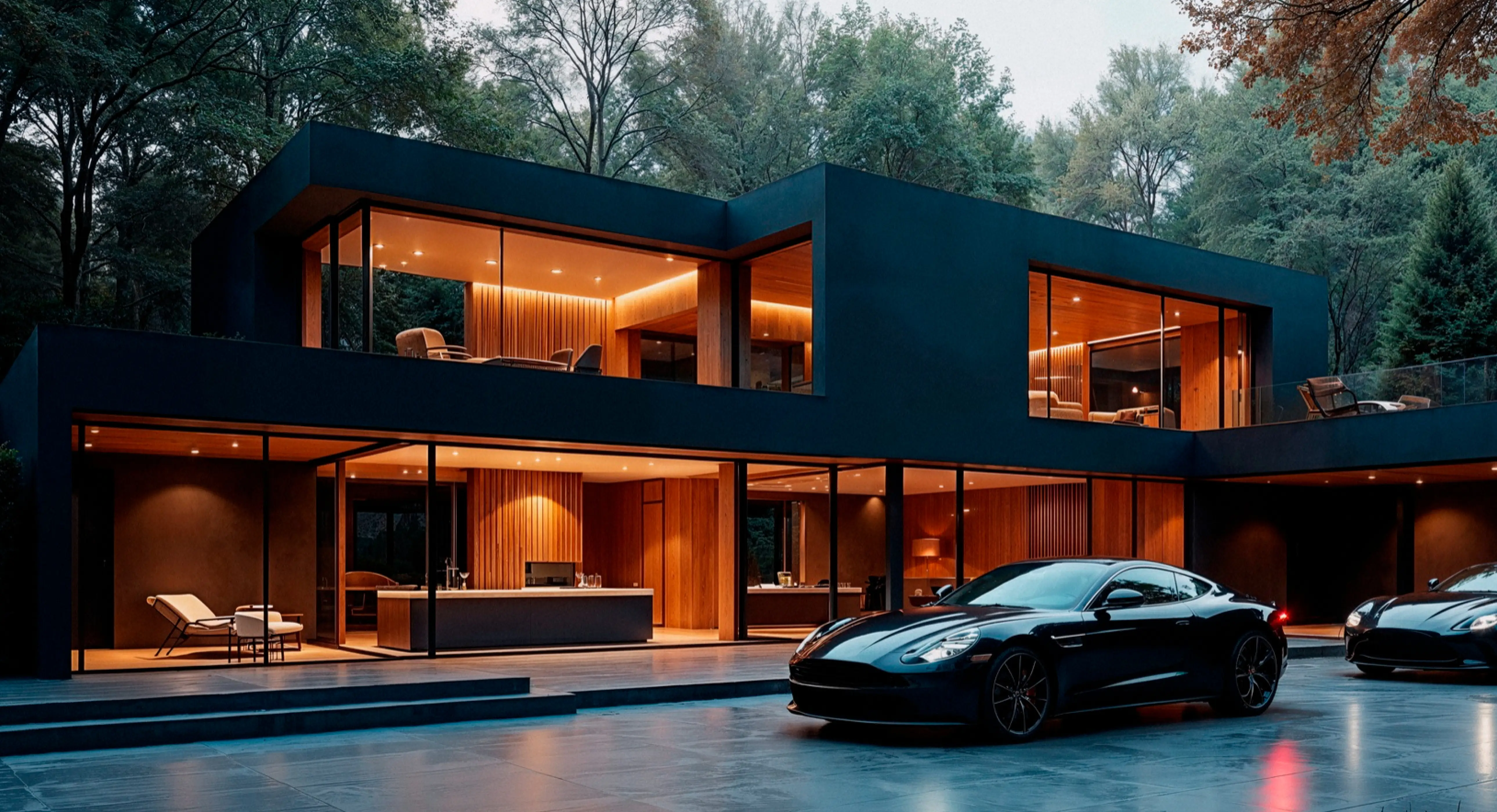 Modern two-story house with large glass windows and warm interior lighting, parked black sports cars in front on a tiled driveway, surrounded by trees at dusk.
